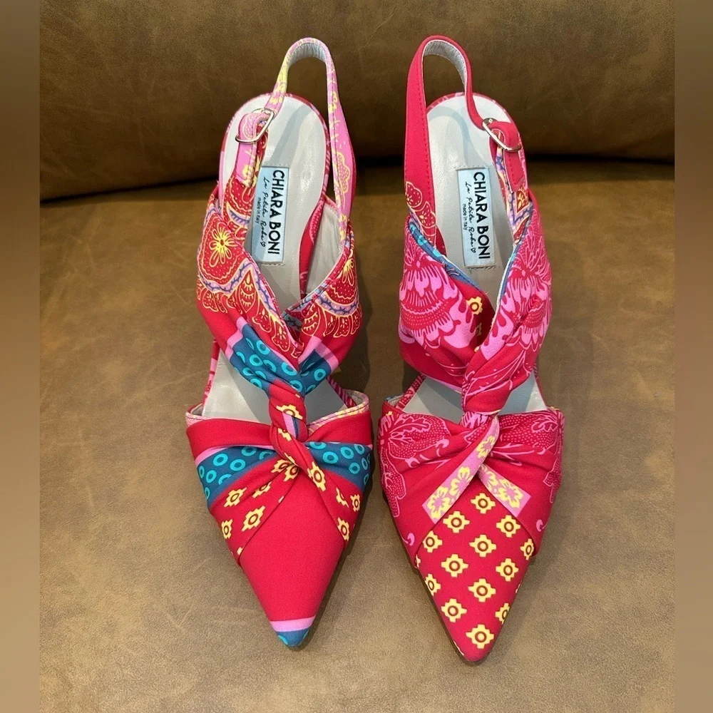 NEW Chiara Boni La Petite Robe Colorful Twist Knot Point Strappy Heels  39 US 9